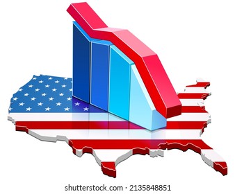 3D map of the USA with the American flag on which there is a falling statistics graph