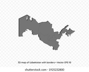 Mapa 3D de Uzbekistán con fronteras aisladas en fondo transparente, ilustración de vectores