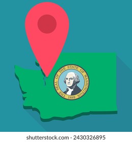 3D map of Washington in the colors of the Washington state flag in a flat design style on which a red map marker is positioned to indicate a geographic location