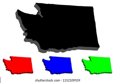 3D map of Washington (United States of America, The Evergreen State) - black, red, blue and green - vector illustration