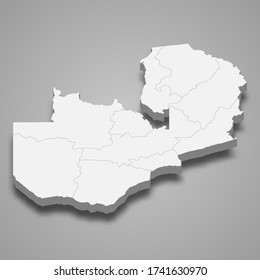 3d map of Zambia with borders of regions