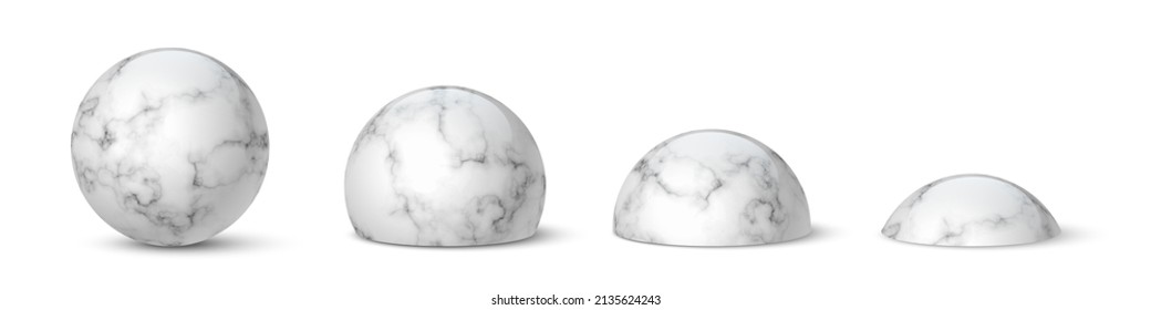 Ilustración vectorial de bolas lacadas de mármol 3d. Esfera y hemisferio realistas con sombra y efecto brillante, orbes mágicas de vidrio entero y medio de perlas con brillo de reflexión sobre la cubierta aislada en blanco