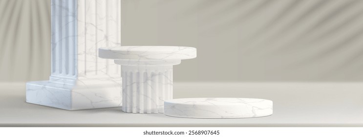 3d marble pillar podium. White column stand. Round pedestal block mockup for gallery or museum exhibition. Greek or roman cylinder platform for product display with realistic palm shadow effect