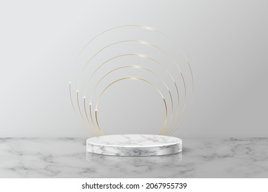 3d marble podium platform with golden round product frames vector illustration. Abstract stand pedestal, realistic stage podium object and circle shape borders for luxury presentation place background