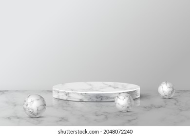 3d marble podium platform for product ad vector illustration. Abstract pedestal stage display mockup of round shape and balls, realistic podium object, luxury stone presentation in studio background