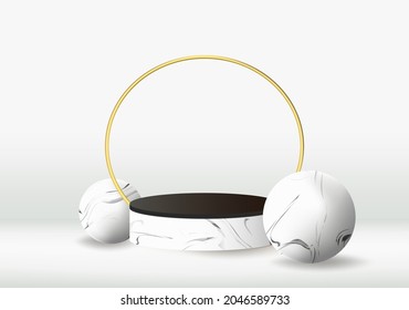 3D marble podium set in white background. Cylinder podium stand with gold ring and globe shape. Vector illustration of luxury design for product display mock up with podium stand background.