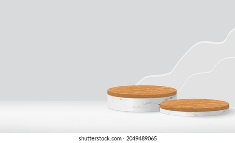 3D marble podium set in white background. Cylinder podium stand with wooden top. Vector illustration of luxury design for product display mock up with podium stand background.