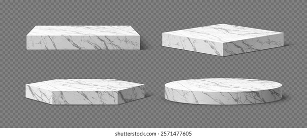 3d marble podium stages, product display platforms, pedestals or stands. Vector realistic gray marble podium mockups with square, circle and hexagon geometric shape bases at transparent background