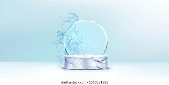 3d marble white podium with glass circle decorative shape and clear water splash with drops on light blue pastel background for summer seasonal sale banner, cosmetic and spa product promotion.