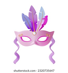 3d Mardi Gras Traditional Mask with Feathers Concept Cartoon Style Element of Costume Festival. Vector illustration