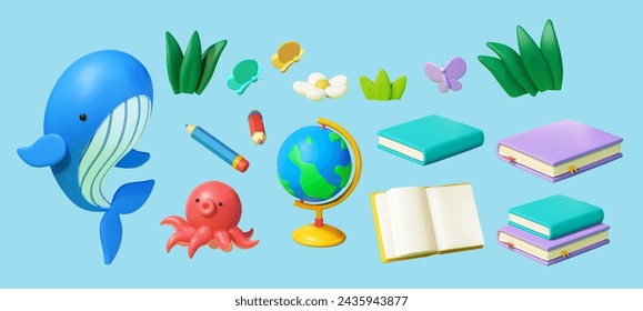 3D Marine life, plants, butterflies, books and stationary isolated on light blue background.