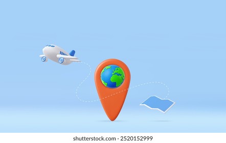 3d Mark location, map, earth and plane. Tourism and travel concept. 3d rendering. Vector illustration
