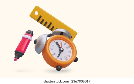 3D marker, alarm clock, ruler. Study time. Composition of vector floating objects. Office supplies. Color web concept. Advertising layout of online stationery store