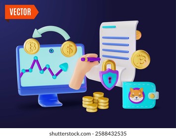 3d Market Place Crypto Currency Concept Background Cartoon Design Style. Vector illustration of Smart Contract and Shiba Inu Wallet