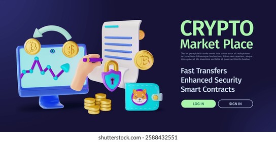 3d Market Place Crypto Currency Concept Ads Banner Poster Card Cartoon Design Style. Vector illustration of Fast Transfer and Smart Contract