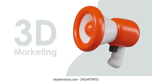 3D marketing concept. Red megaphone, symbol of loud commercial announcement. Horizontal vector poster with place for text. Online advertising services