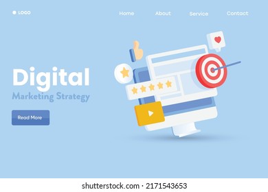 3D Marketing Strategy, Digital Marketing Concept, SEO, Social Media, Retargeting - Flat Design Vector Landing Page Template With Icons