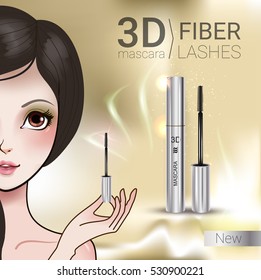 3d mascara ads. Vector Illustration with Manga style girl and mascara. 