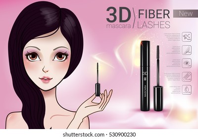 3d mascara ads. Vector Illustration with Manga style girl and mascara. 