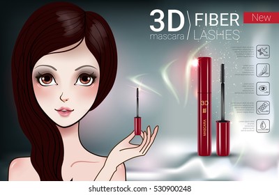 3d mascara ads. Vector Illustration with Manga style girl and mascara. 