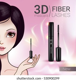 3d mascara ads. Vector Illustration with Manga style girl and mascara. 