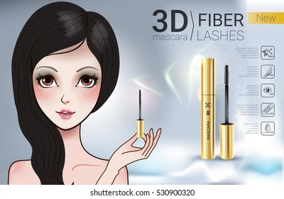 3d mascara ads. Vector Illustration with Manga style girl and mascara. 