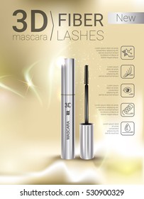 3d mascara ads. Vector Illustration with mascara brush and its container. 