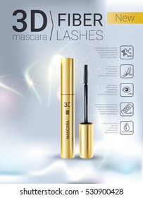 3d mascara ads. Vector Illustration with mascara brush and its container. 