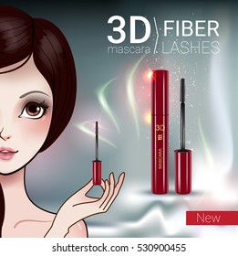 3d mascara ads. Vector Illustration with Manga style girl and mascara. 