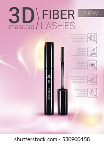 3d mascara ads. Vector Illustration with mascara brush and its container. 