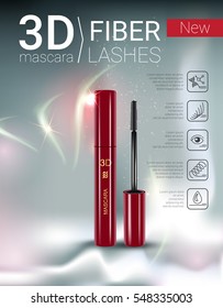 3d mascara ads. Vector Illustration with mascara brush and its container.