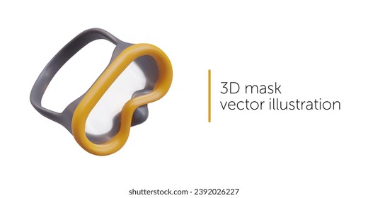 3D mask with transparent glass. Personal equipment for scuba diving. Realistic object, top view. Illustration for divers website. Store color vector template