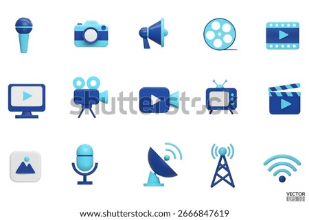 3D Mass Media icon set. Containing television, TV, Camera, satellite dish, megaphone, computer, Microphone, antenna, film, wifi. 3D vector illustration.