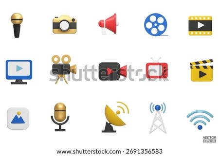 3D Mass Media icon set. Containing television, TV, Camera, satellite dish, megaphone, computer, Microphone, antenna, film, wifi. 3D vector illustration.