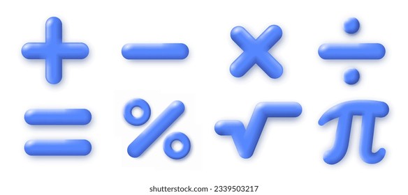 3D Math symbols set. Plus, minus, equal, percent multiplication sign. Calculations, education, learning and training. Cartoon isometric vector collection isolated on white background