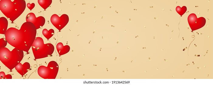 3d matt red flying heart balloons with golden ribbon and brown kraft paper border label, stock vector illustration layout, design element for banner, poster, card design