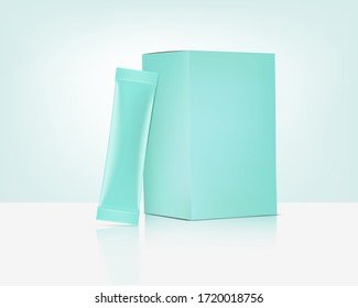 3D Matte Stick Green sachet bag with paper box mockup isolated on white background. Pastel Vector illustration. Food and beverage Packaging concept design.