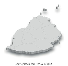Weiße 3D-Karte von Mauritius mit isolierten Regionen auf weißem Hintergrund