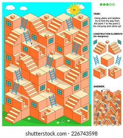 3d maze game: Using stairs and ladders try to find the way from the point 1 to the point 2. Do not jump and climb up! Answer included. Plus construction elements for designers.