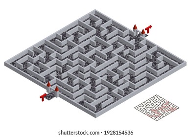 3d Maze, isometric labyrinth. Medieval town walls and streets design for escape or puzzle game level map. Isometric view with solution. Vector illustration