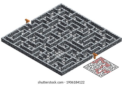 3D maze, isometric labyrinth with stone walls. Game level design for puzzle or dungeon escape game. Grey stone texture . Vector illustration