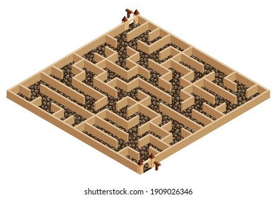 3d Maze, isometric labyrinth. Town or castle maze with walls and gates. Vector illustration for puzzle or escape game level design asset.