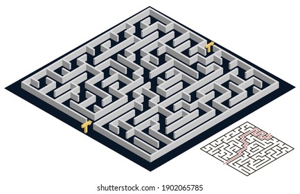 3d Maze, isometric view. Labyrinth puzzle game design with solution. Vector illustration