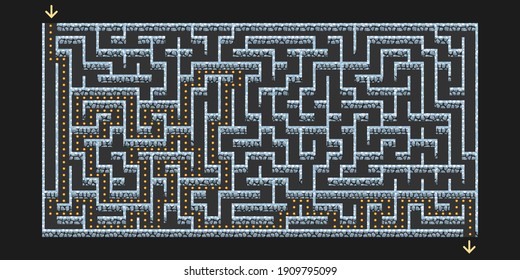 3D Maze, Labyrinth with stone walls and solution way. Game level design for dungeon escape or kids puzzle game asset. Top down view. Vector illustration.