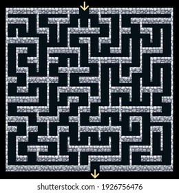 3D Maze, Labyrinth With Stone Walls.Dungeon Escape Or Puzzle Game Level Design. Top Down View. Vector Illustration 