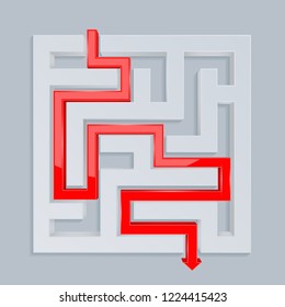 3d Maze With Red Path. Top View. Vector Illustration