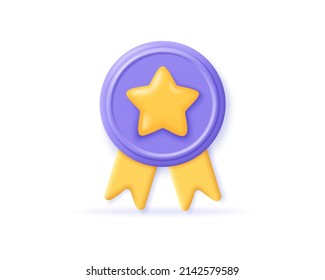 3d medal icon with golden star and ribbons. Render symbol of victory awards of winners in sports events. Concept high quality rating. 3d vector illustration