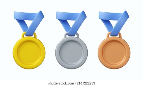 3d medal icon set. Gold, silver and bronze sport award for winner. Vector prize badge render illustration isolated on a white background