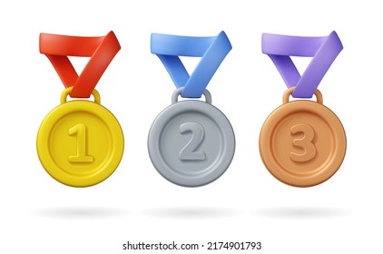 3d medal icon set. Gold, silver and bronze sport award for winner. Vector prize badge render illustration isolated on a white background