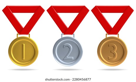 3d medal icon set. Gold, silver and bronze sport award for winner. Vector prize badge 3d render illustration isolated on a white background